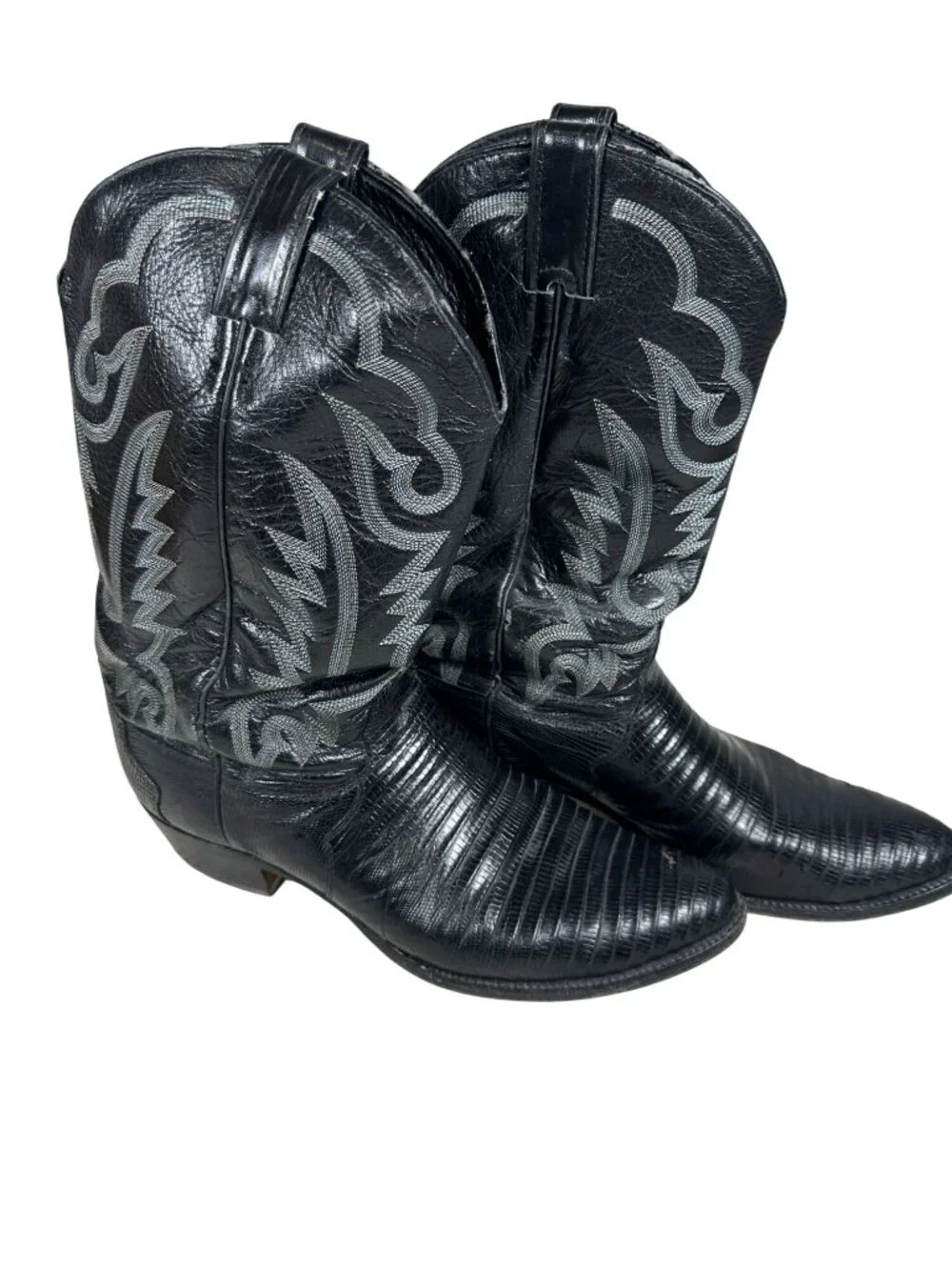 Justin Black Western Cowboy Boots Lizard Print Leather Embroidered Design 13 D